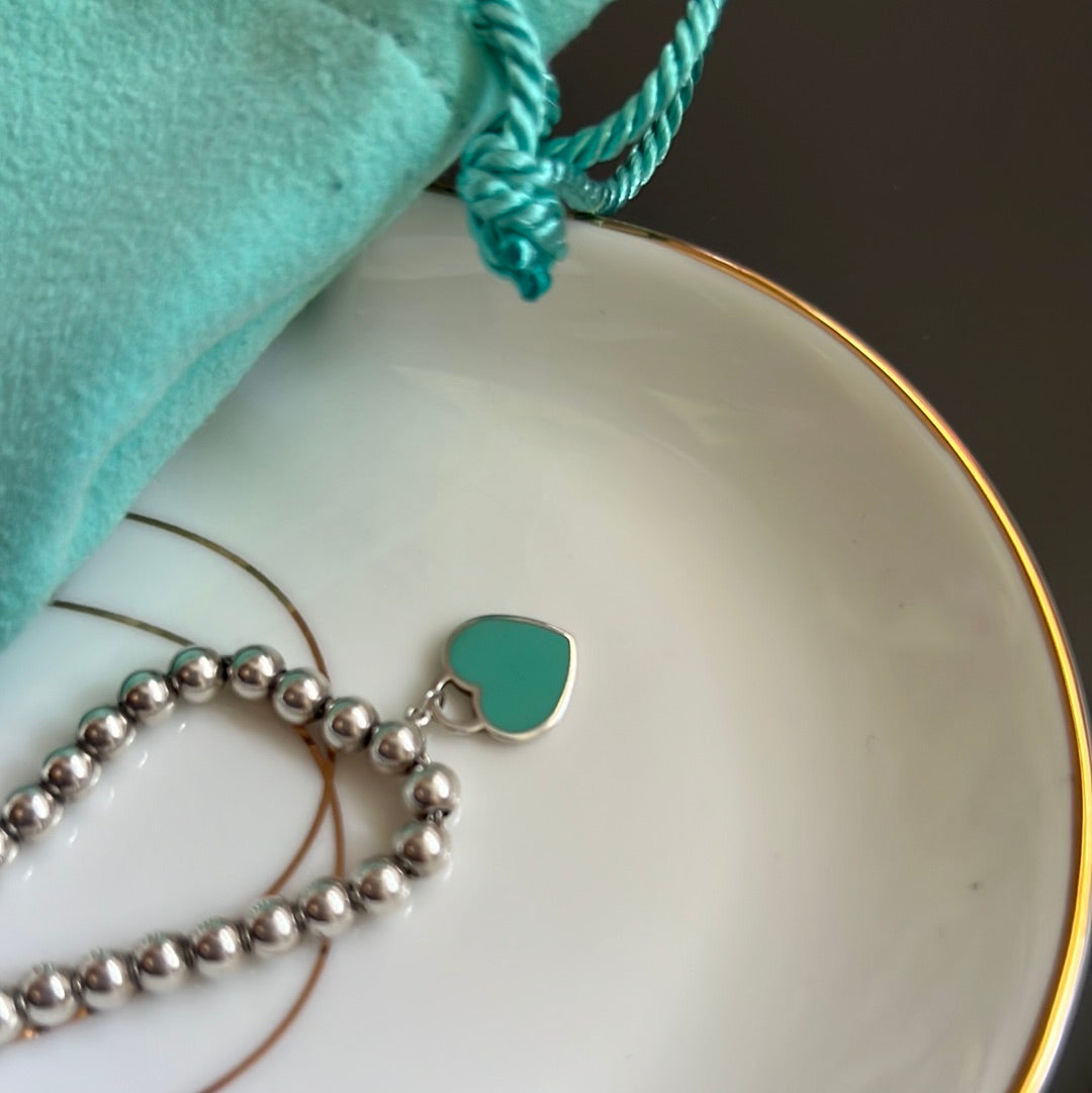 Genuine Tiffany & CO Sterling Silver Small Enamel Blue Heart Return To Tiffany Tag Pendant Bracelet
